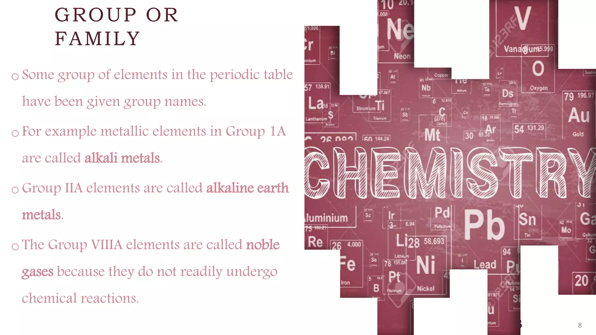 FABRIKAM
GROUP OR
FAMILY
o Some group of elements in the periodic table
have been given group names.
o For example metallic elements in Group 1A
are called alkali metals.
o Group IIA elements are called alkaline earth
metals.
o The Group VIIIA elements are called noble
gases because they do not readily undergo
chemical reactions.
8
 