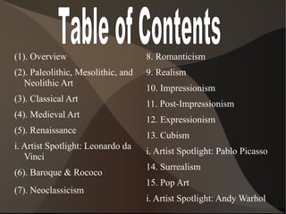 (1). Overview
(2). Paleolithic, Mesolithic, and
Neolithic Art
(3). Classical Art
(4). Medieval Art
(5). Renaissance
i. Art...