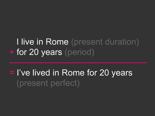 I live in Rome (present duration)
+ for 20 years (period)

= I’ve lived in Rome for 20 years
  (present perfect)
 