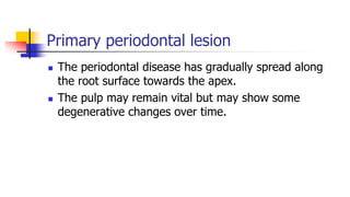 Primary periodontal lesion
 The periodontal disease has gradually spread along
the root surface towards the apex.
 The pulp may remain vital but may show some
degenerative changes over time.
 