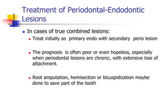 Treatment of Periodontal-Endodontic
Lesions
 In cases of true combined lesions:
 Treat initially as primary endo with secondary perio lesion
 The prognosis is often poor or even hopeless, especially
when periodontal lesions are chronic, with extensive loss of
attachment.
 Root amputation, hemisection or bicuspidization maybe
done to save part of the tooth
 