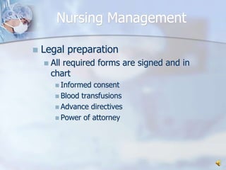 Nursing ManagementLegal preparationAll required forms are signed and in chartInformed consentBlood transfusionsAdvance directivesPower of attorney