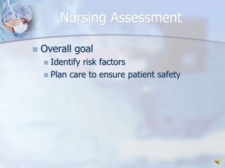 Nursing AssessmentOverall goalIdentify risk factorsPlan care to ensure patient safety