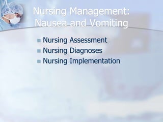 Nursing Management:Nausea and VomitingNursing AssessmentNursing DiagnosesNursing Implementation