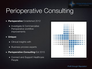 Perioperative Consulting
Perioperative Established 2012
Investigate & Commercialise
Perioperative workﬂow
improvements
Uni...