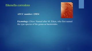 Eikenella corrodens
ATCC number: 23834
Etymology: Eiken: Named after M. Eiken, who first named
the type species of the genus as bacteroides.
 