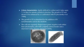  Colony characteristics: highly difficult to culture and it takes appx
7-14 days for minute colonies to develop. The growth of Tf was
shown to be enhanced by co-cultivation with Fn (Socransky et al
1988).
 The growth of Tf is stimulated by the addition of N-
acetylmuramic acid in the medium.
 The cells are regularly shaped short gram-negative rods rather
than pleomorphic cells with a slightly convex border and a
depressed center (Tanner and Izard 2006).
 