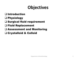 Objectives
 Introduction
 Physiology
 Surgical fluid requirement
 Fluid Replacement
 Assessment and Monitoring
 Crystalloid & Colloid
Department of Anesthesiology 2
 