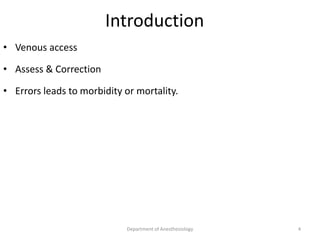 Introduction
• Venous access
• Assess & Correction
• Errors leads to morbidity or mortality.
Department of Anesthesiology 4
 