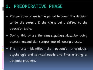 1. PREOPERATIVE PHASE
 Preoperative phase is the period between the decision
to do the surgery & the client being shifted to the
operation table.
 During this phase the nurse gathers data by doing
assessment and plan components of nursing process
 The nurse identifies the patient’s physiologic,
psychologic and spiritual needs and finds existing or
potential problems
 