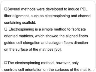 Several methods were developed to induce PDL
fiber alignment, such as electrospinning and channel
containing scaffold.
 Electrospinning is a simple method to fabricate
oriented matrices, which showed the aligned fibers
guided cell elongation and collagen fibers direction
on the surface of the matrices [30].
The electrospinning method, however, only
controls cell orientation on the surfaces of the matrix.
 