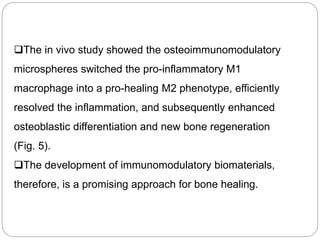 The in vivo study showed the osteoimmunomodulatory
microspheres switched the pro-inflammatory M1
macrophage into a pro-healing M2 phenotype, efficiently
resolved the inflammation, and subsequently enhanced
osteoblastic differentiation and new bone regeneration
(Fig. 5).
The development of immunomodulatory biomaterials,
therefore, is a promising approach for bone healing.
 
