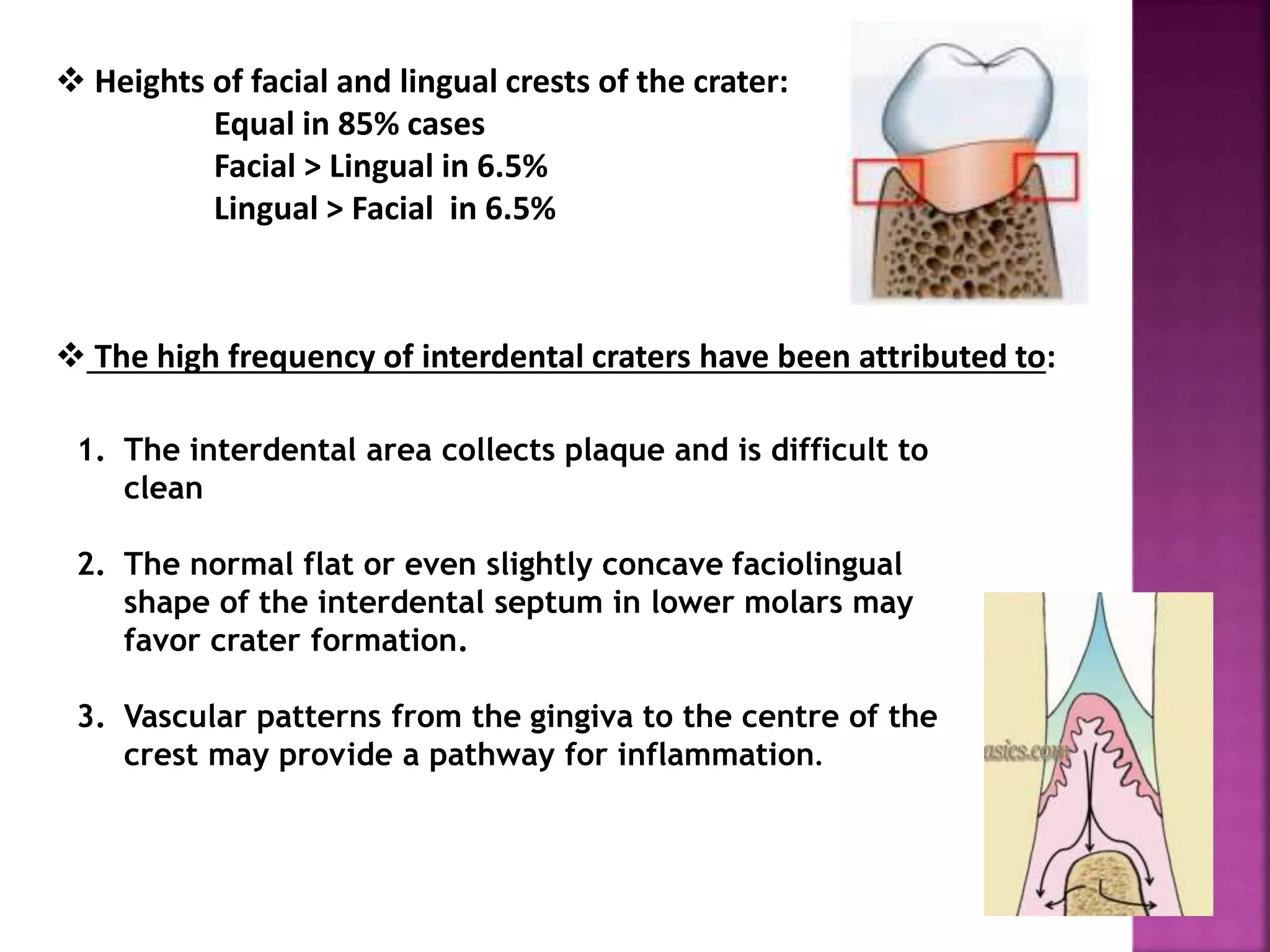 Heights of facial and lingual crests of the crater:
Equal in 85% cases
Facial > Lingual in 6.5%
Lingual > Facial in 6.5%
 The high frequency of interdental craters have been attributed to:
1. The interdental area collects plaque and is difficult to
clean
2. The normal flat or even slightly concave faciolingual
shape of the interdental septum in lower molars may
favor crater formation.
3. Vascular patterns from the gingiva to the centre of the
crest may provide a pathway for inflammation.
 