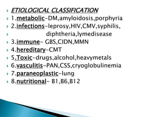  ETIOLOGICAL CLASSIFICATION
 1.metabolic-DM,amyloidosis,porphyria
 2.infections-leprosy,HIV,CMV,syphilis,
 diphtheria,lymedisease
 3.immune- GBS,CIDN,MMN
 4.hereditary-CMT
 5.Toxic-drugs,alcohol,heavymetals
 6.vasculitis-PAN,CSS,cryoglobulinemia
 7.paraneoplastic-lung
 8.nutritional- B1,B6,B12
 
