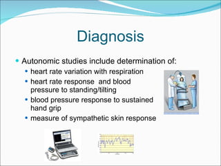 Diagnosis Autonomic studies include determination of: heart rate variation with respiration heart rate response  and blood  pressure to standing/tilting blood pressure response to sustained  hand grip measure of sympathetic skin response 