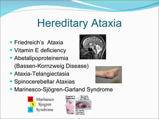 Hereditary Ataxia Friedreich’s  Ataxia Vitamin E deficiency Abetalipoproteinemia  (Bassen-Kornzweig Disease) Ataxia-Telangiectasia Spinocerebellar Ataxias Marinesco-Sjögren-Garland Syndrome 