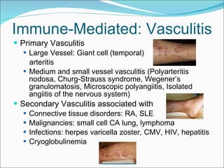 Immune-Mediated: Vasculitis Primary Vasculitis Large Vessel: Giant cell (temporal)  arteritis Medium and small vessel vasculitis (Polyarteritis nodosa, Churg-Strauss syndrome, Wegener’s granulomatosis, Microscopic polyangiitis, Isolated angiitis of the nervous system) Secondary Vasculitis associated with Connective tissue disorders: RA, SLE Malignancies: small cell CA lung, lymphoma Infections: herpes varicella zoster, CMV, HIV, hepatitis  Cryoglobulinemia 