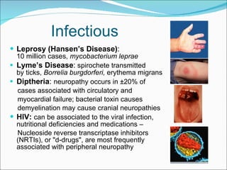 Infectious Leprosy (Hansen’s Disease) :   10 10 million cases,  mycobacterium leprae Lyme’s Disease :  spirochete transmitted  by ticks,  Borrelia burgdorferi,  erythema migrans Diptheria :  neuropathy occurs in ±20% of  cases associated with circulatory and  myocardial failure; bacterial toxin causes  demyelination may cause cranial neuropathies HIV:  can be associated to the viral infection,  nutritional deficiencies and medications –  Nucleoside reverse transcriptase inhibitors  (NRTIs), or "d-drugs", are most frequently  associated with peripheral neuropathy 