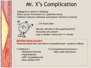 Mr. X’s Complication
- Angiogram is done in radiology
- Shows acute thrombosis of L popliteal artery
- Cathetar induced urokinase and heparin infusion is started
…. 3-4 hours later
-Severe calf pain in the reperfused limb
-All pulses are present
-Leg is swollen, tense and +++ tender
REPERFUSION INJURY!
-Restored blood flow can lead to unwanted local + systemic effects
1) Washout =
oMetabolic Acidosis
oHyperkalemia
oARF (myoglobinuria)
oNon-cardiac APO
2) Compartment Syndrome =
oMay need fasciotomy
 
