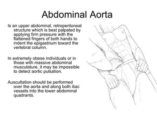 Abdominal Aorta  Is an upper abdominal, retroperitoneal structure which is best palpated by applying firm pressure with the flattened fingers of both hands to indent the epigastrium toward the vertebral column.  In extremely obese individuals or in those with massive abdominal musculature, it may be impossible to detect aortic pulsation. Auscultation should be performed over the aorta and along both iliac vessels into the lower abdominal quadrants. 