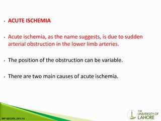 ⦁ ACUTE ISCHEMIA
⦁ Acute ischemia, as the name suggests, is due to sudden
arterial obstruction in the lower limb arteries.
⦁ The position of the obstruction can be variable.
⦁ There are two main causes of acute ischemia.
 