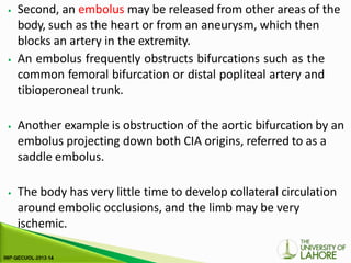 ⦁ Second, an embolus may be released from other areas of the
body, such as the heart or from an aneurysm, which then
blocks an artery in the extremity.
⦁ An embolus frequently obstructs bifurcations such as the
common femoral bifurcation or distal popliteal artery and
tibioperoneal trunk.
⦁ Another example is obstruction of the aortic bifurcation by an
embolus projecting down both CIA origins, referred to as a
saddle embolus.
⦁ The body has very little time to develop collateral circulation
around embolic occlusions, and the limb may be very
ischemic.
 