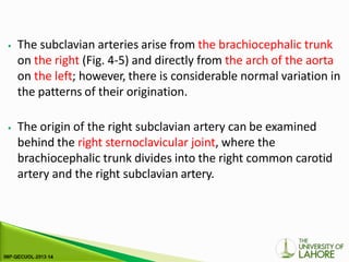 ⦁ The subclavian arteries arise from the brachiocephalic trunk
on the right (Fig. 4-5) and directly from the arch of the aorta
on the left; however, there is considerable normal variation in
the patterns of their origination.
⦁ The origin of the right subclavian artery can be examined
behind the right sternoclavicular joint, where the
brachiocephalic trunk divides into the right common carotid
artery and the right subclavian artery.
 