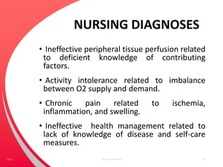 NURSING DIAGNOSES
• Ineffective peripheral tissue perfusion related
to deficient knowledge of contributing
factors.
• Activity intolerance related to imbalance
between O2 supply and demand.
• Chronic pain related to ischemia,
inflammation, and swelling.
• Ineffective health management related to
lack of knowledge of disease and self-care
measures.
Your Footer Here 65Date
 