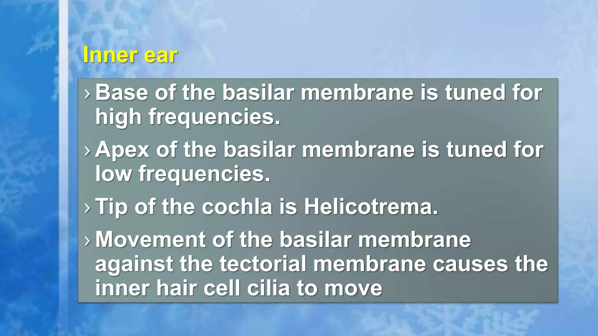 › Base of the basilar membrane is tuned for
high frequencies.
› Apex of the basilar membrane is tuned for
low frequencies.
› Tip of the cochla is Helicotrema.
› Movement of the basilar membrane
against the tectorial membrane causes the
inner hair cell cilia to move
Inner ear
 