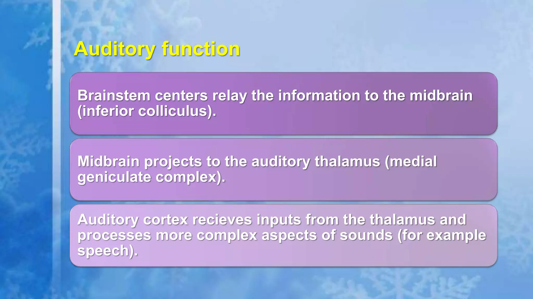 Auditory function
Brainstem centers relay the information to the midbrain
(inferior colliculus).
Midbrain projects to the auditory thalamus (medial
geniculate complex).
Auditory cortex recieves inputs from the thalamus and
processes more complex aspects of sounds (for example
speech).
 