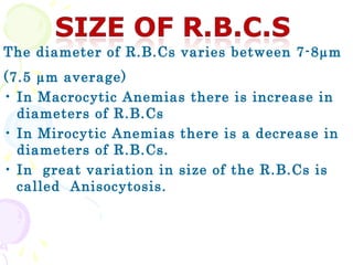 The diameter of R.B.Cs varies between 7-8µm
(7.5 µm average)
• In Macrocytic Anemias there is increase in
  diameters of R.B.Cs
• In Mirocytic Anemias there is a decrease in
  diameters of R.B.Cs.
• In great variation in size of the R.B.Cs is
  called Anisocytosis.
 