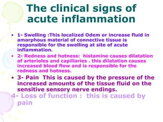 The clinical signs of
     acute inflammation
• 1- Swelling :This localized Odem or increase fluid in
  amorphous material of connective tissue is
  responsible for the swelling at site of acute
  inflammation.
• 2- Redness and hotness: histamine causes dilatation
  of arterioles and capillaries . this dilatation causes
  increased blood flow and is responsible for the
  redness and hotness.
• 3- Pain This is caused by the pressure of the
  increased amounts of the tissue fluid on the
  sensitive sensory nerve endings.
4- Loss of function : this is caused by
  pain
 