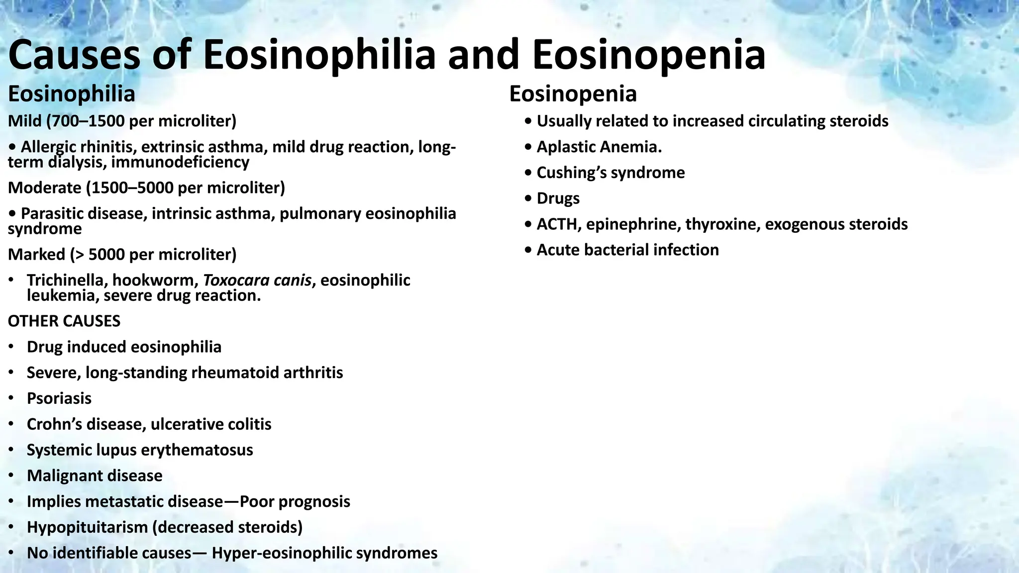 Causes of Eosinophilia and Eosinopenia
Eosinophilia
Mild (700–1500 per microliter)
• Allergic rhinitis, extrinsic asthma, mild drug reaction, long-
term dialysis, immunodeficiency
Moderate (1500–5000 per microliter)
• Parasitic disease, intrinsic asthma, pulmonary eosinophilia
syndrome
Marked (> 5000 per microliter)
• Trichinella, hookworm, Toxocara canis, eosinophilic
leukemia, severe drug reaction.
OTHER CAUSES
• Drug induced eosinophilia
• Severe, long-standing rheumatoid arthritis
• Psoriasis
• Crohn’s disease, ulcerative colitis
• Systemic lupus erythematosus
• Malignant disease
• Implies metastatic disease—Poor prognosis
• Hypopituitarism (decreased steroids)
• No identifiable causes— Hyper-eosinophilic syndromes
Eosinopenia
• Usually related to increased circulating steroids
• Aplastic Anemia.
• Cushing’s syndrome
• Drugs
• ACTH, epinephrine, thyroxine, exogenous steroids
• Acute bacterial infection
 