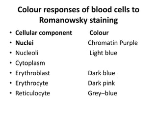 Colour responses of blood cells to
Romanowsky staining
• Cellular component Colour
• Nuclei Chromatin Purple
• Nucleoli Light blue
• Cytoplasm
• Erythroblast Dark blue
• Erythrocyte Dark pink
• Reticulocyte Grey–blue
 