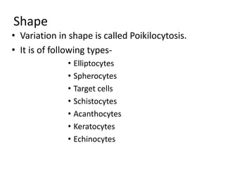 Shape
• Variation in shape is called Poikilocytosis.
• It is of following types-
• Elliptocytes
• Spherocytes
• Target cells
• Schistocytes
• Acanthocytes
• Keratocytes
• Echinocytes
 