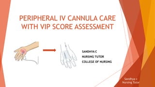 Sandhya c
Nursing Tutor
PERIPHERAL IV CANNULA CARE
WITH VIP SCORE ASSESSMENT
SANDHYA C
NURSING TUTOR
COLLEGE OF NURSING
 