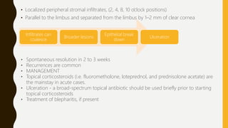 • Localized peripheral stromal infiltrates, (2, 4, 8, 10 o’clock positions)
• Parallel to the limbus and separated from the limbus by 1–2 mm of clear cornea
Infiltrates can
coalesce
Broader lesions
Epithelial break
down
Ulceration
• Spontaneous resolution in 2 to 3 weeks
• Recurrences are common
• MANAGEMENT
• Topical corticosteroids (i.e. fluorometholone, loteprednol, and prednisolone acetate) are
the mainstay in acute cases.
• Ulceration - a broad-spectrum topical antibiotic should be used briefly prior to starting
topical corticosteroids
• Treatment of blepharitis, if present
 