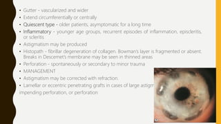 • Gutter - vascularized and wider
• Extend circumferentially or centrally
• Quiescent type - older patients, asymptomatic for a long time
• Inflammatory - younger age groups, recurrent episodes of inflammation, episcleritis,
or scleritis
• Astigmatism may be produced
• Histopath - fibrillar degeneration of collagen. Bowman’s layer is fragmented or absent.
Breaks in Descemet’s membrane may be seen in thinned areas
• Perforation - spontaneously or secondary to minor trauma
• MANAGEMENT
• Astigmatism may be corrected with refraction.
• Lamellar or eccentric penetrating grafts in cases of large astigmatism,
impending perforation, or perforation
 