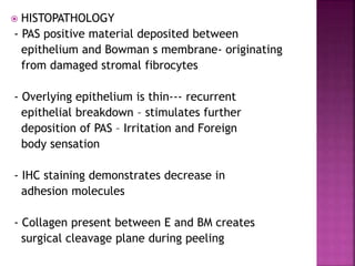 HISTOPATHOLOGY
- PAS positive material deposited between
epithelium and Bowman s membrane- originating
from damaged stromal fibrocytes
- Overlying epithelium is thin--- recurrent
epithelial breakdown – stimulates further
deposition of PAS – Irritation and Foreign
body sensation
- IHC staining demonstrates decrease in
adhesion molecules
- Collagen present between E and BM creates
surgical cleavage plane during peeling
 