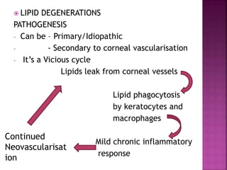  LIPID DEGENERATIONS
PATHOGENESIS
- Can be – Primary/Idiopathic
- - Secondary to corneal vascularisation
- It’s a Vicious cycle
Lipids leak from corneal vessels
Lipid phagocytosis
by keratocytes and
macrophages
Mild chronic inflammatory
response
Continued
Neovascularisat
ion
 