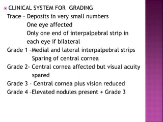  CLINICAL SYSTEM FOR GRADING
Trace – Deposits in very small numbers
One eye affected
Only one end of interpalpebral strip in
each eye if bilateral
Grade 1 –Medial and lateral interpalpebral strips
Sparing of central cornea
Grade 2- Central cornea affected but visual acuity
spared
Grade 3 – Central cornea plus vision reduced
Grade 4 –Elevated nodules present + Grade 3
 