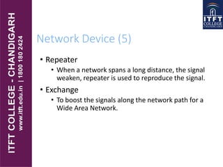 Network Device (5)
• Repeater
• When a network spans a long distance, the signal
weaken, repeater is used to reproduce the signal.
• Exchange
• To boost the signals along the network path for a
Wide Area Network.
 