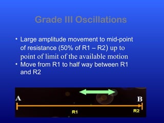 Grade III Oscillations
• Large amplitude movement to mid-point
of resistance (50% of R1 – R2) up to
point of limit of the available motion
• Move from R1 to half way between R1
and R2
 