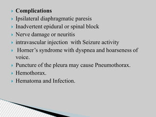  Complications
 Ipsilateral diaphragmatic paresis
 Inadvertent epidural or spinal block
 Nerve damage or neuritis
 intravascular injection with Seizure activity
 Horner’s syndrome with dyspnea and hoarseness of
voice.
 Puncture of the pleura may cause Pneumothorax.
 Hemothorax.
 Hematoma and Infection.
 