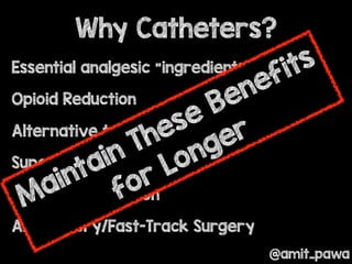 @amit_pawa
Essential analgesic “ingredient”
Opioid Reduction
Alternative to GA
Superior Recovery
Patient Satisfaction
Ambulatory/Fast-Track Surgery
Why Catheters?
Maintain These Benefits
for Longer
 