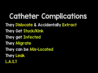 Catheter Complications
They Dislocate & Accidentally Extract
They Get Stuck/Kink
They get Infected
They Migrate
They can be Mis-Located
They Leak
L.A.S.T
 