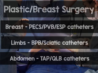 Plastic/Breast Surgery
Breast - PECS/PVB/ESP catheters
Limbs - BPB/Sciatic catheters
Abdomen - TAP/QLB catheters
 