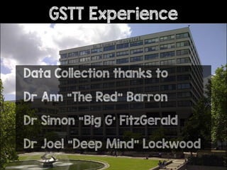 GSTT Experience
KT11 1EW
Data Collection thanks to
Dr Ann “The Red” Barron
Dr Simon “Big G’ FitzGerald
Dr Joel “Deep Mind” Lockwood
 
