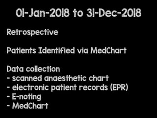 01-Jan-2018 to 31-Dec-2018
Retrospective
Patients Identified via MedChart
Data collection
- scanned anaesthetic chart
- electronic patient records (EPR)
- E-noting
- MedChart
 