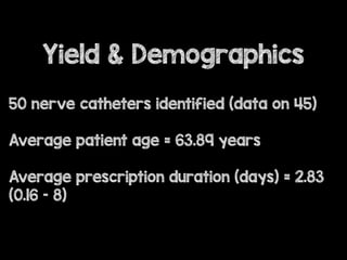 Yield & Demographics
50 nerve catheters identified (data on 45)
Average patient age = 63.89 years
Average prescription duration (days) = 2.83
(0.16 – 8)
 